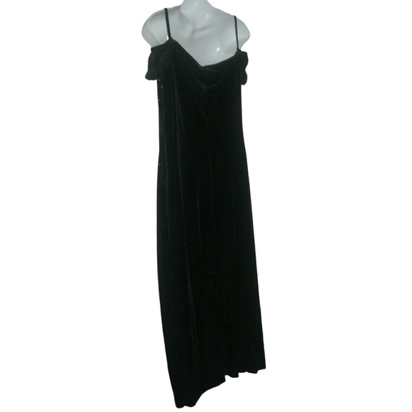 Vintage 90s Robbie Bee Black Crushed Velvet Long Glitter Dress Cold Shoulder y2k - Picture 5 of 10